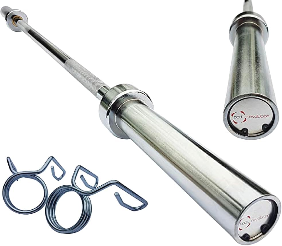 Bilanciere olimpico Body Revolution 182 cm in acciaio lucido, con impugnature scanalate e ganci di sicurezza in metallo blu