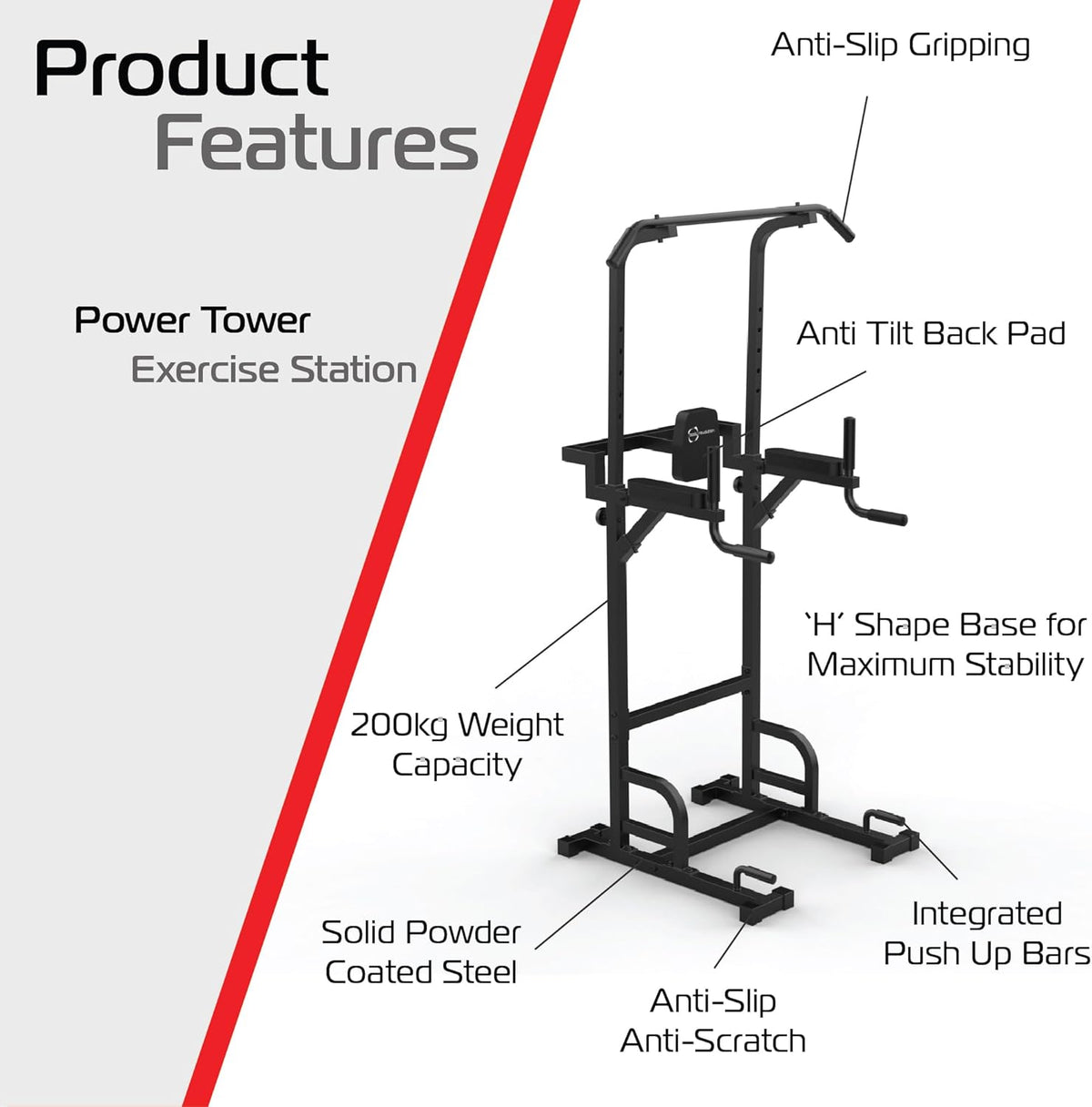 Torre di Potenza Body Revolution in acciaio nero, con maniglie antiscivolo, supporto per flessioni e base stabile a forma di "H