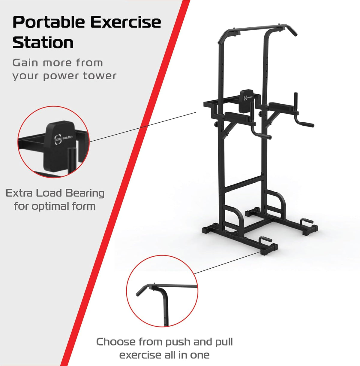 Stazione di allenamento portatile nera con supporti per esercizi di spinta e trazione, design robusto e funzionale per il fitness
