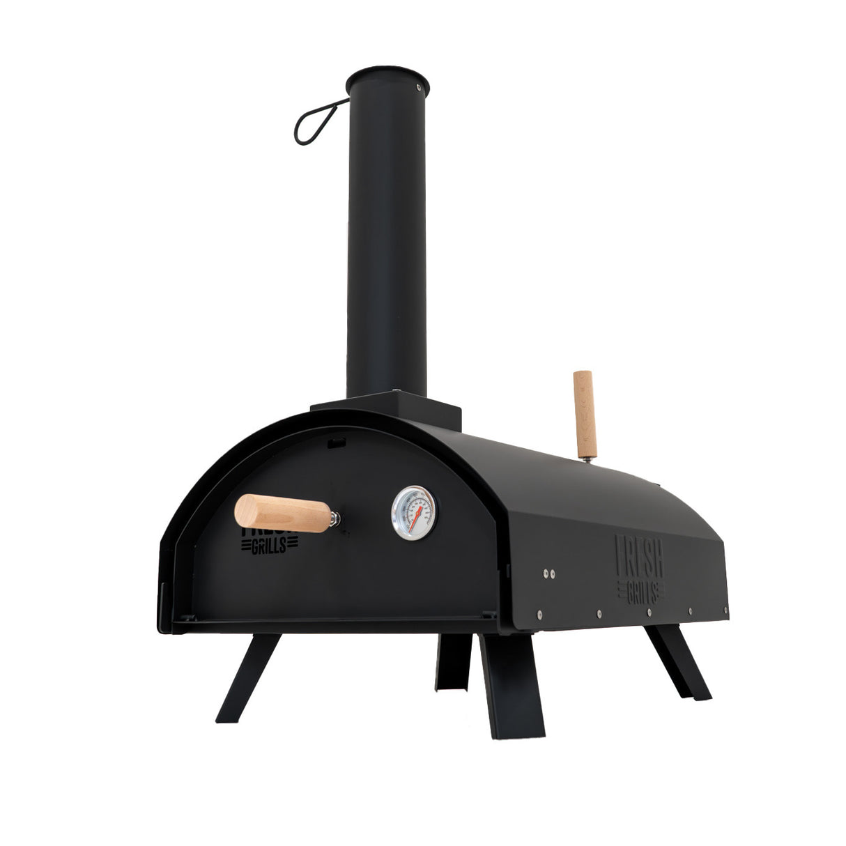 Forno per pizza da esterno Fresh Grills Classic, struttura nera in acciaio, camino alto, manici in legno e termometro frontale