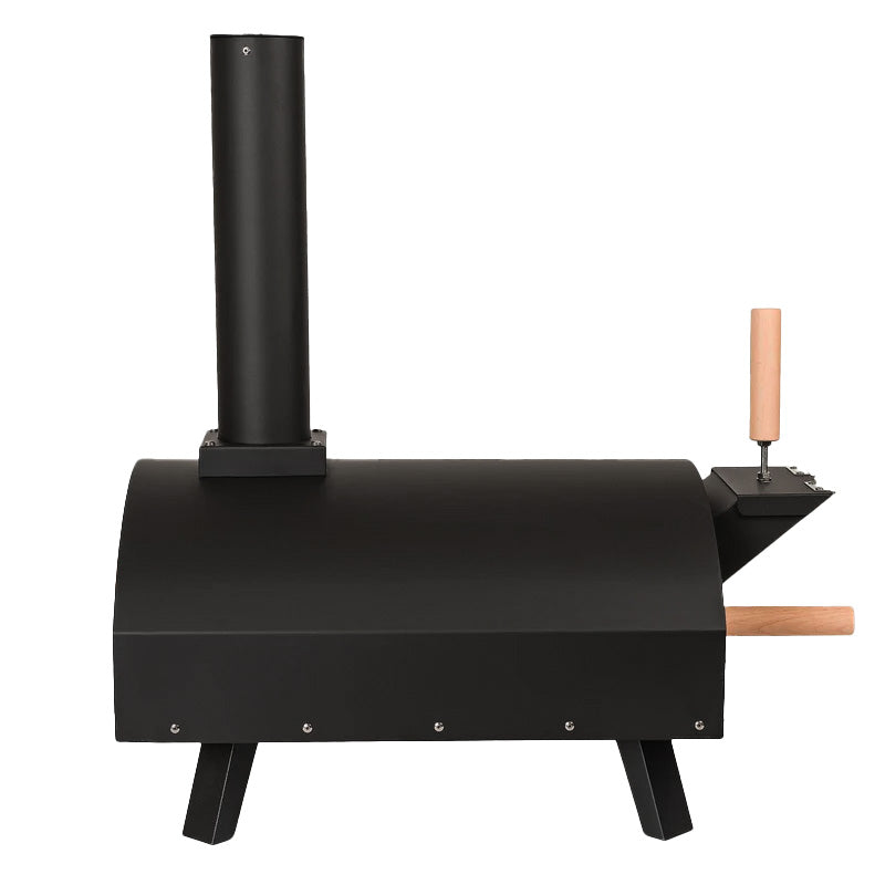 Forno per pizza da esterno Fresh Grills Classic, design elegante in metallo nero opaco, con camino e manico in legno chiaro