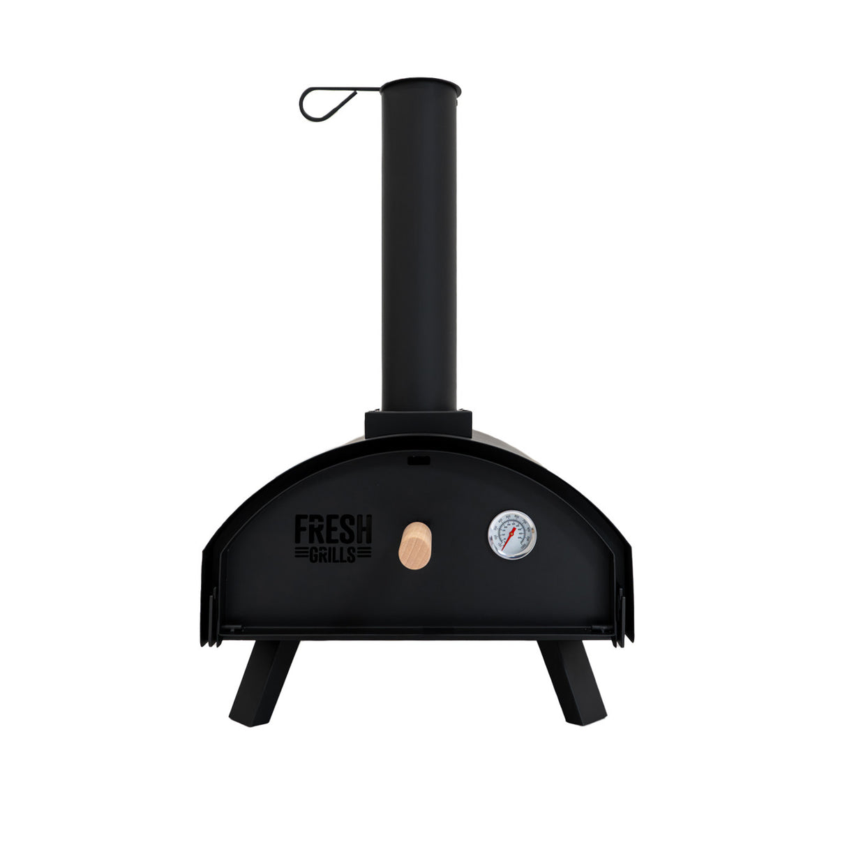 Forno per pizza da esterno Fresh Grills Classic, struttura nera con camino, manopola di legno e termometro frontale, design compatto e robusto
