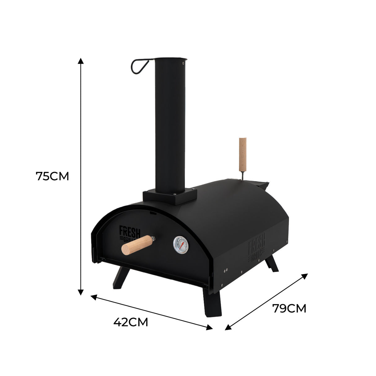 Forno per pizza da esterno Fresh Grills Classic, design nero elegante, manico in legno, termometro e camino per una cottura perfetta