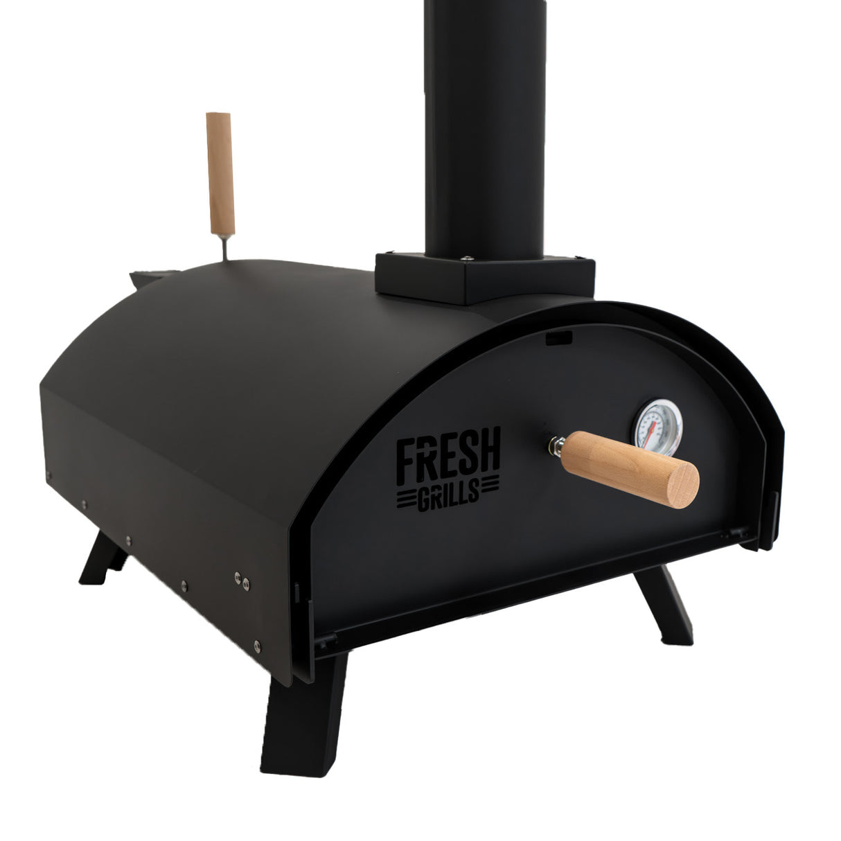 Forno per pizza da esterno Fresh Grills Classic, design nero opaco, manico in legno, termometro frontale, struttura robusta e compatta