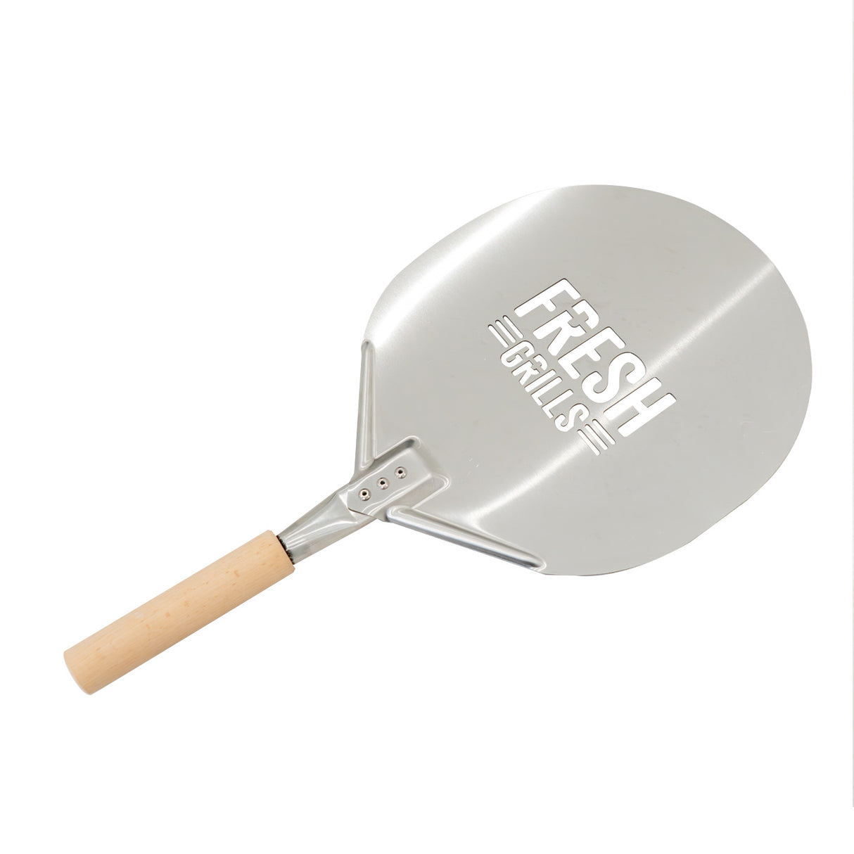 Pala per pizza in acciaio inox lucido con manico in legno, logo Fresh Grills inciso, ideale per il forno da esterno