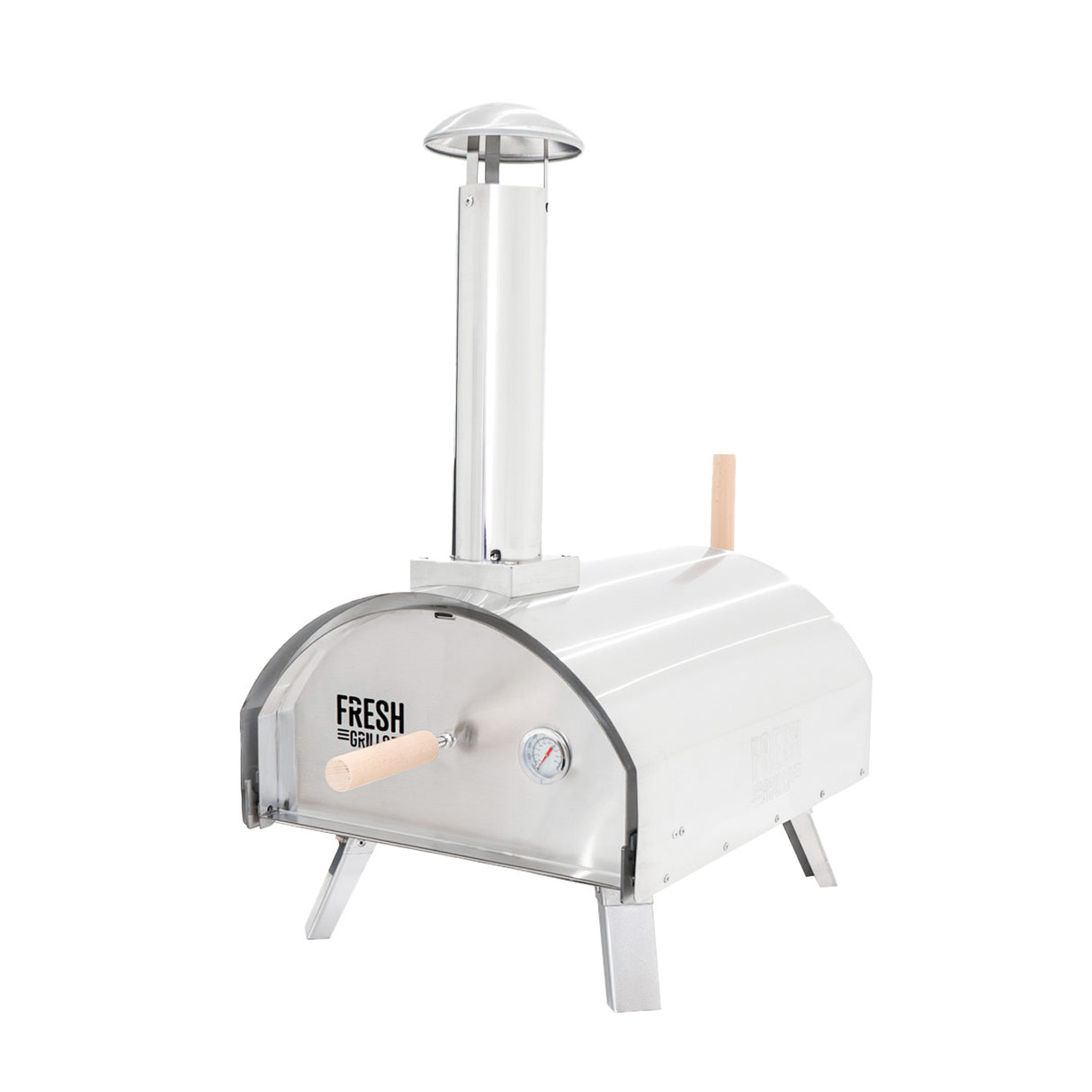 Forno per pizza da esterno in acciaio inox lucido, con camino, manici in legno e design compatto ideale per giardini e terrazze