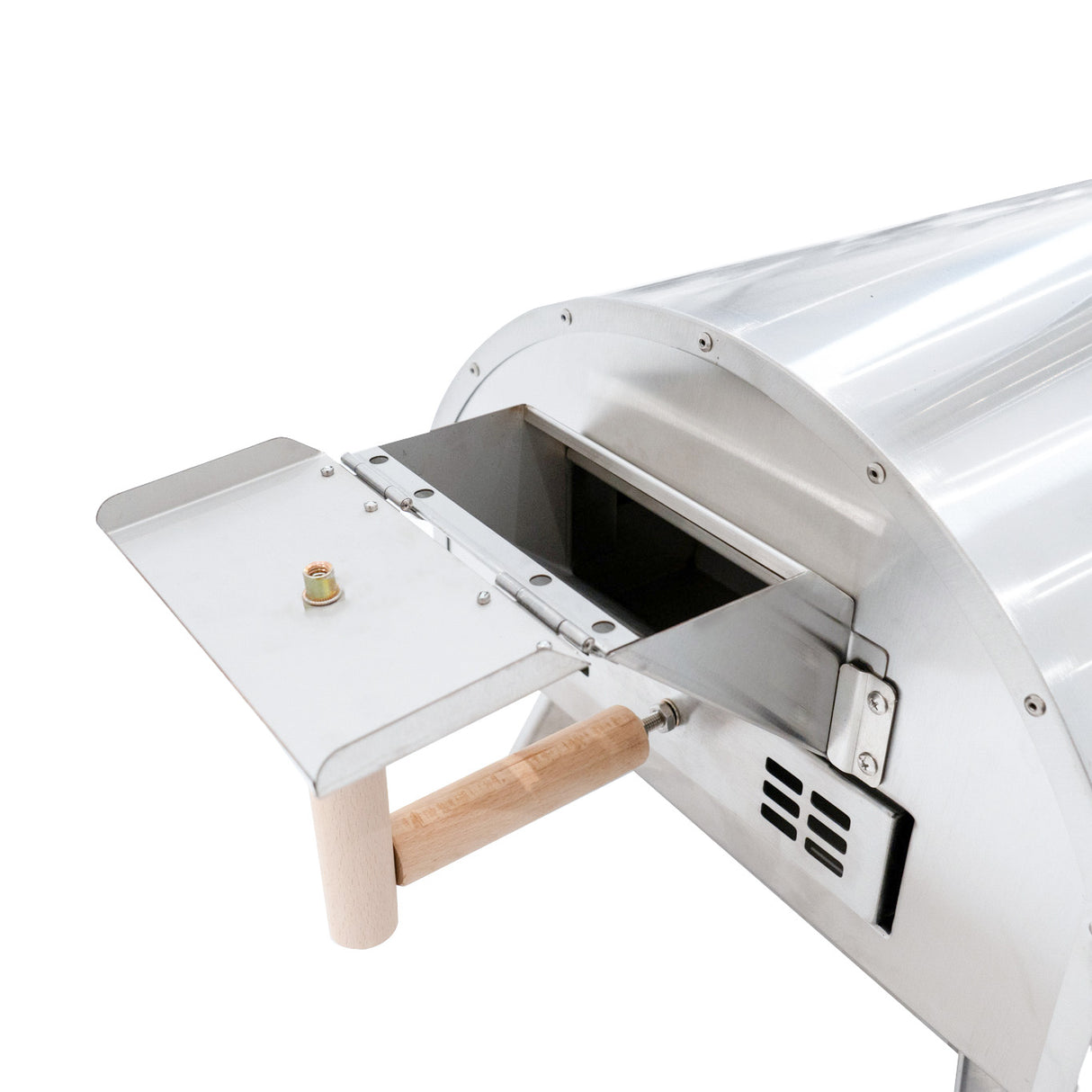 Forno per pizza da esterno in acciaio inox lucido, con manico in legno e apertura frontale per inserire facilmente le pizze