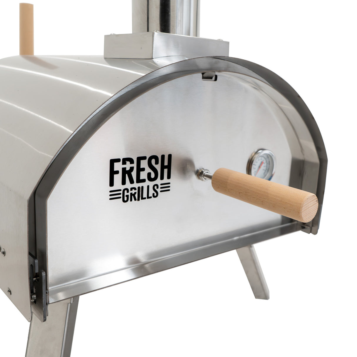 Forno per pizza da esterno in acciaio inox, con manico in legno e termometro, design elegante e curvo, ideale per grigliate all'aperto