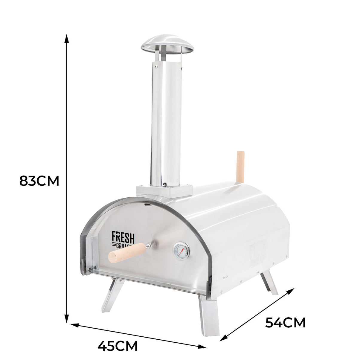Forno per pizza da esterno in acciaio inox lucido, con camino, manici in legno e dimensioni di 83x54x45 cm, ideale per cucinare all'aperto