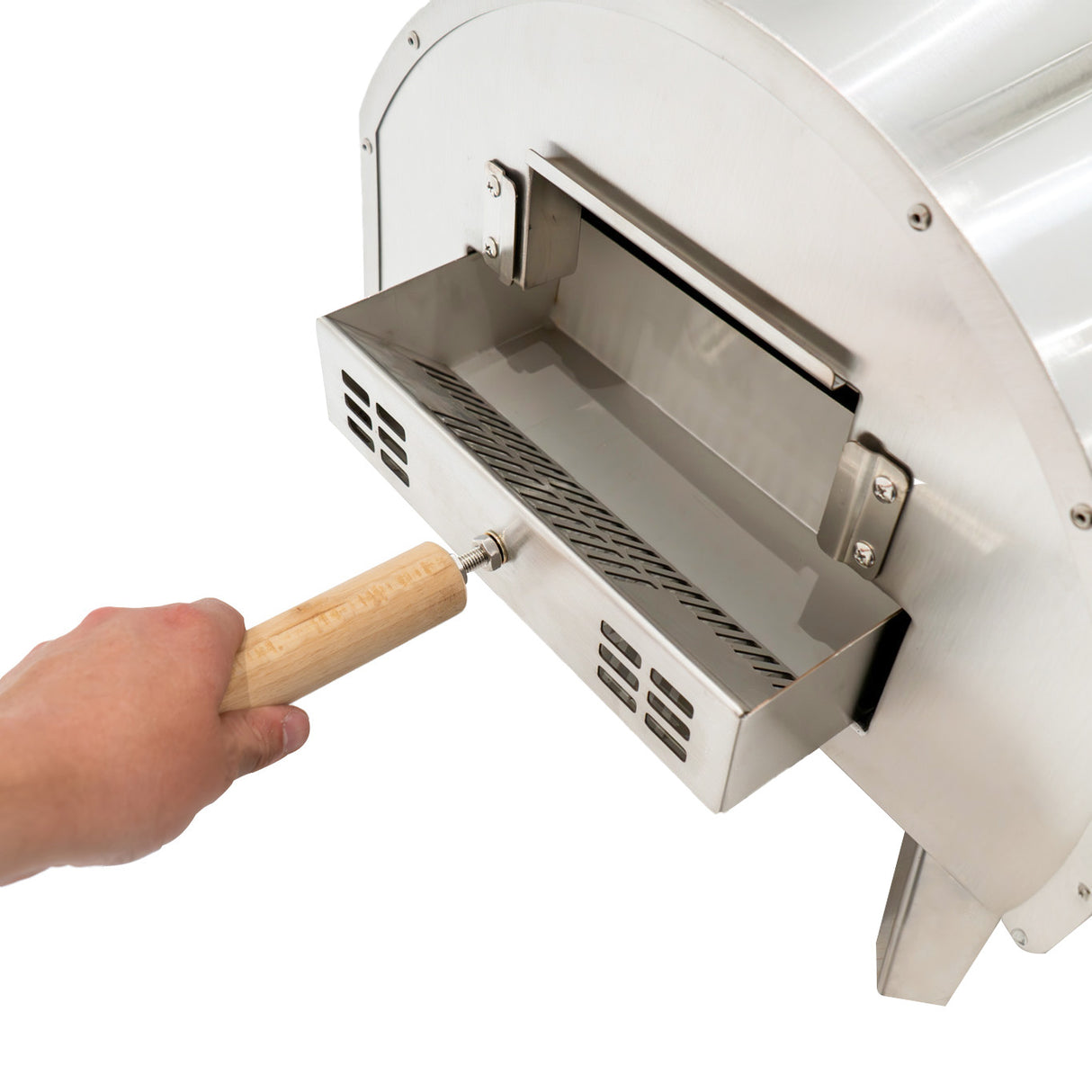 Forno per pizza da esterno in acciaio inox con cassetto estraibile, manico in legno e finitura lucida, ideale per cucinare all'aperto