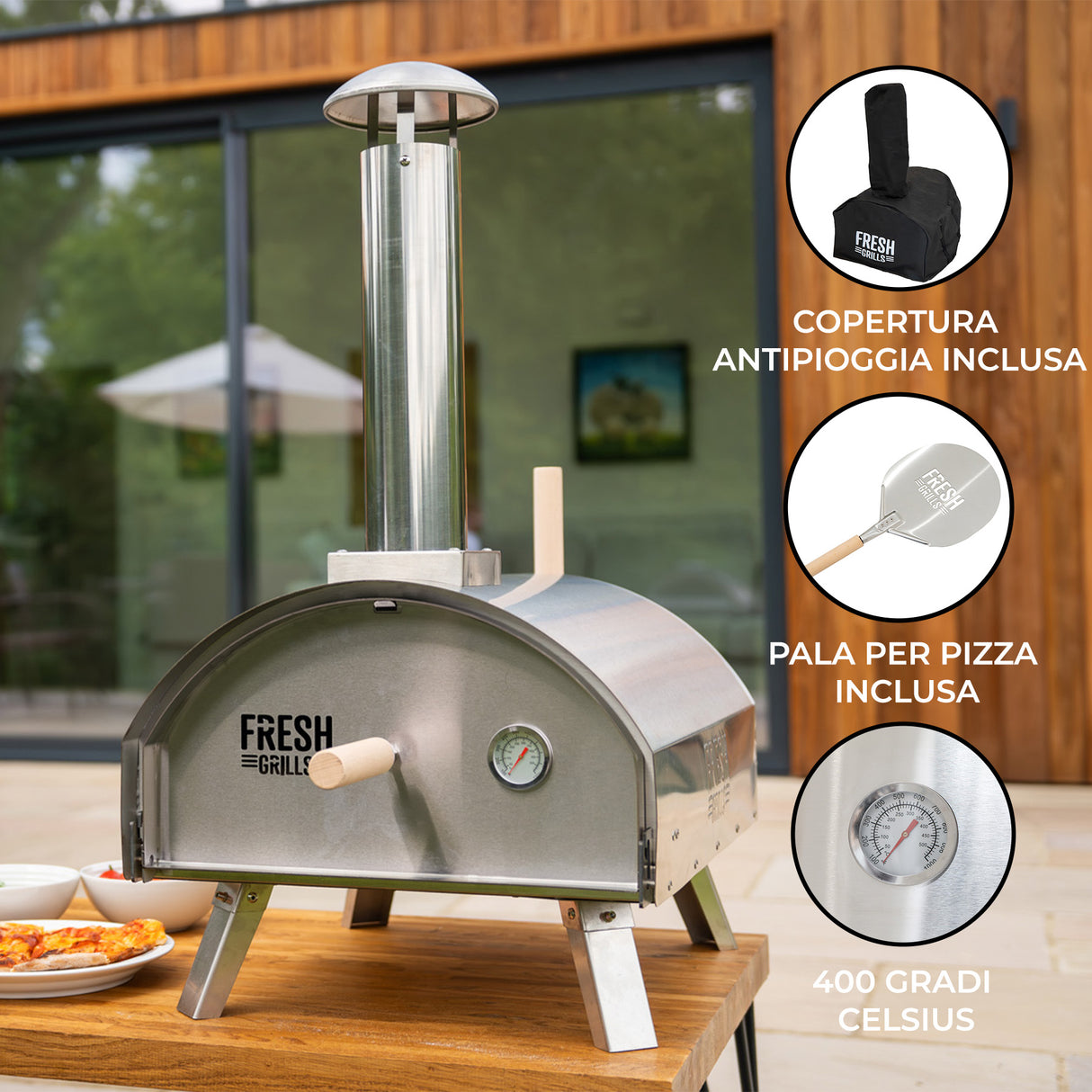 Forno per pizza da esterno in acciaio inox lucido, con camino, termometro e accessori inclusi, ideale per cucinare a 400 gradi Celsius