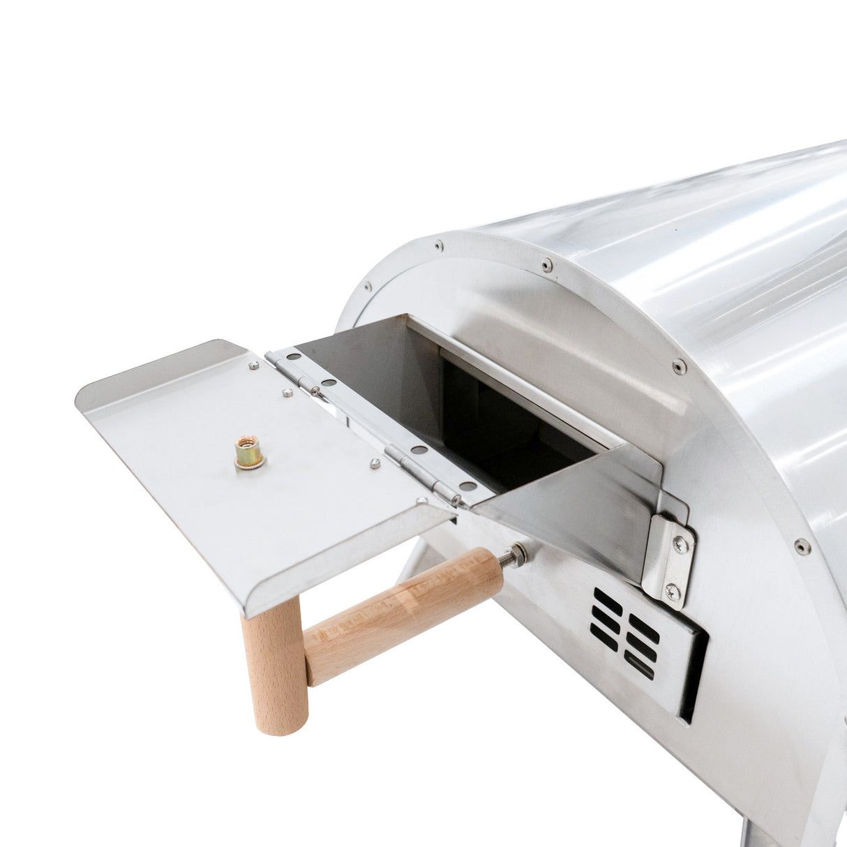 Forno per pizza all'aperto in acciaio inox, con manico in legno, design elegante e superficie lucida, ideale per cucinare all'aperto
