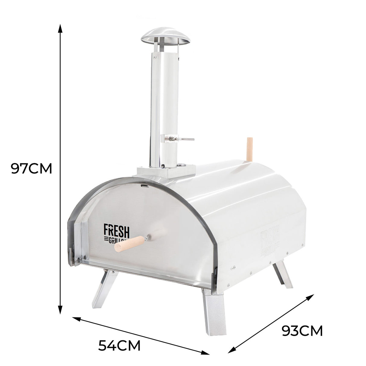 Forno per pizza all'aperto Fresh Grills Extra Large in acciaio inox lucido, con camino e base stabile, dimensioni 93x54x97 cm