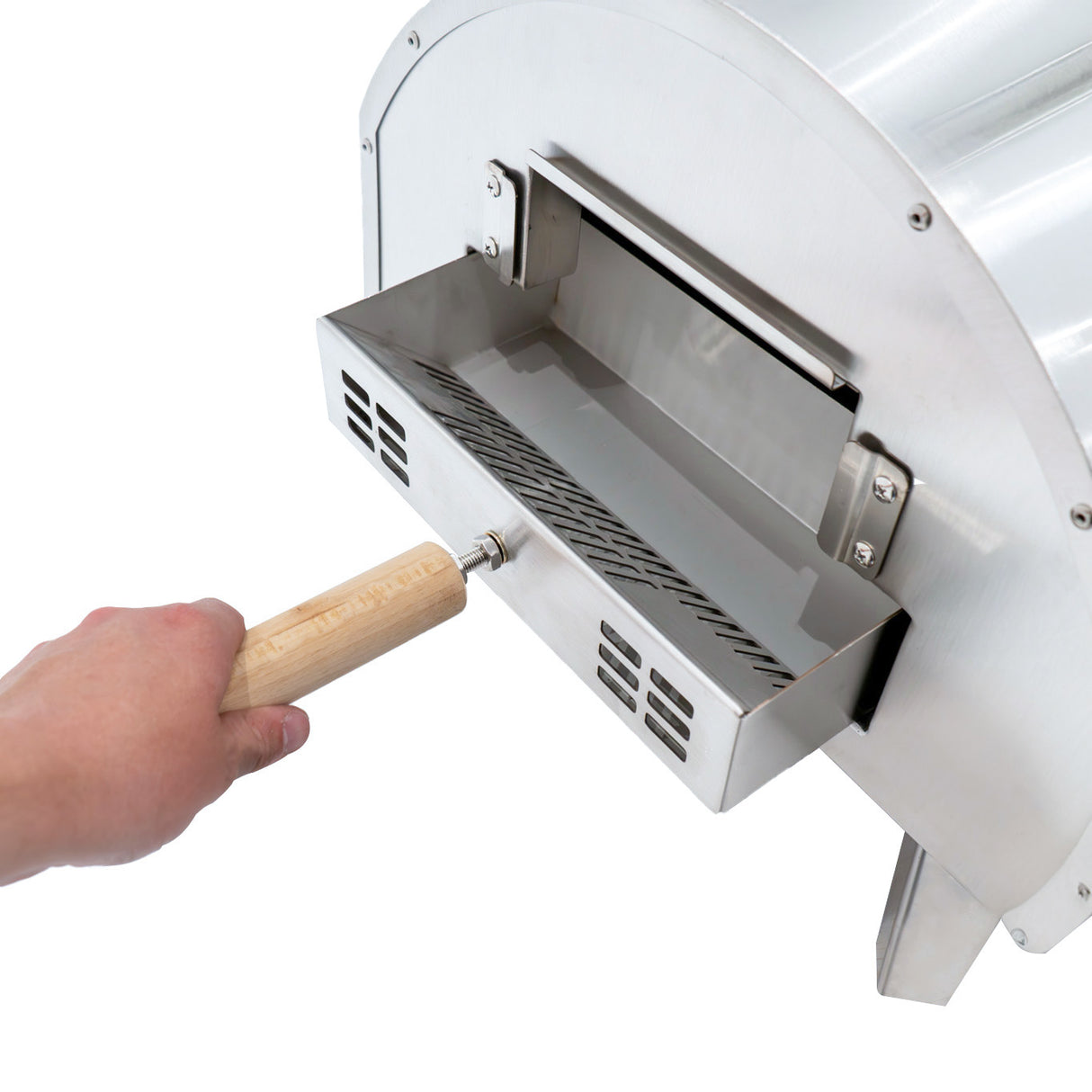 Forno per pizza all'aperto in acciaio inox, con manico in legno, cassetto per braci e design elegante e funzionale