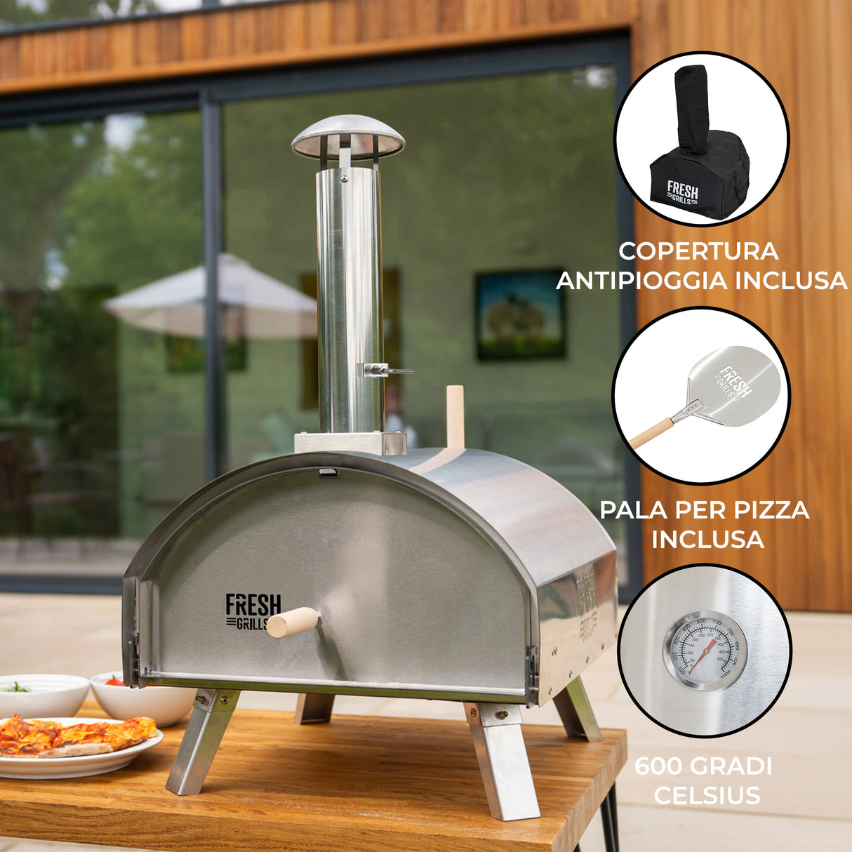 Forno per pizza all'aperto in acciaio inox, grande, con manico in legno, termometro e copertura antipiooggia inclusa, ideale per cucinare a 600 gradi Celsius