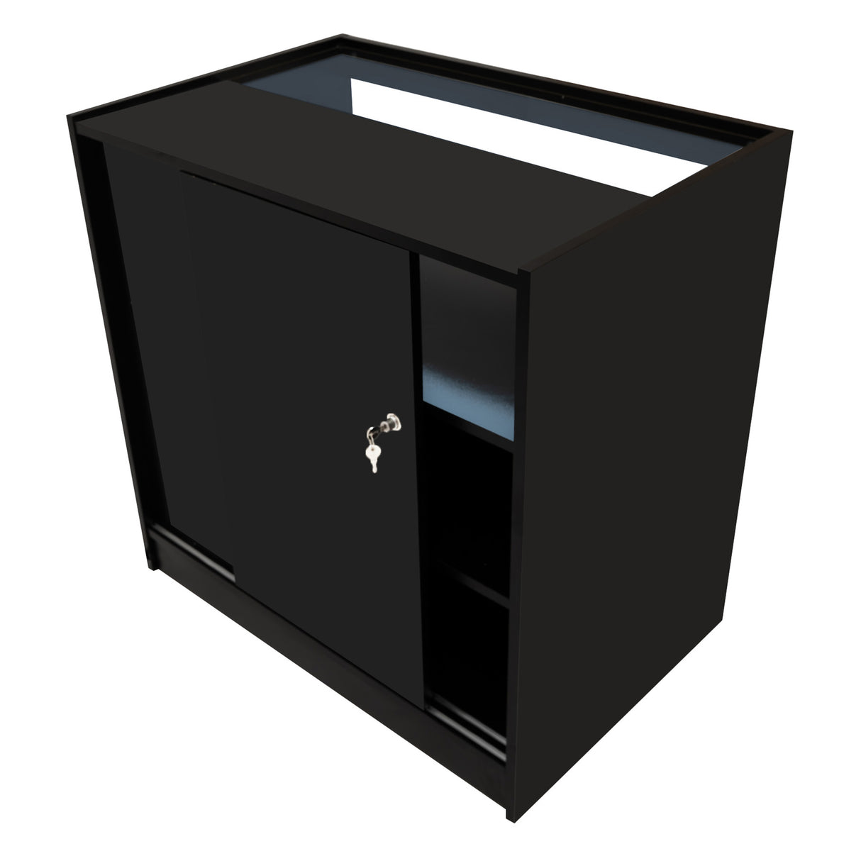 Set banconi Iris in nero con illuminazione LED, design moderno, ante scorrevoli e ripiani, perfetto per spazi eleganti e funzionali