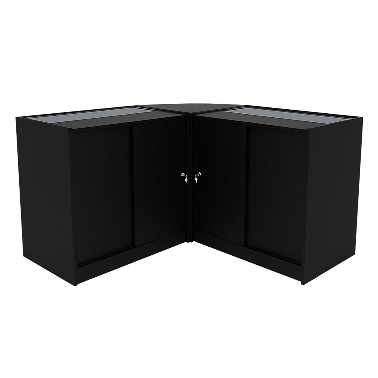 Set banconi angolari neri con illuminazione LED, design moderno, superficie liscia e ante in vetro per esposizione elegante