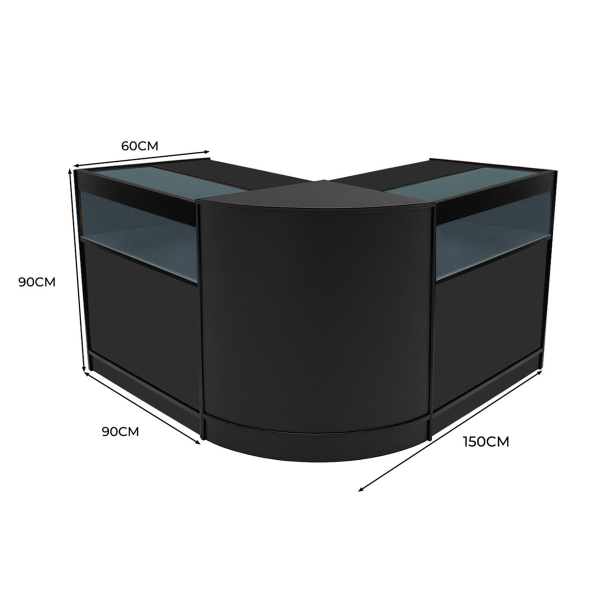 Set banconi Iris con LED B900, angolo nero, design moderno, superfici lisce, dimensioni 150x90x60 cm, perfetto per spazi commerciali