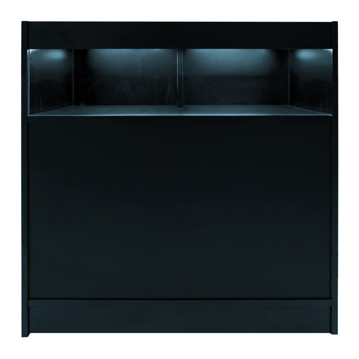 Set di banconi Iris neri con illuminazione LED, design moderno e minimalista, superficie liscia e finitura opaca, ideale per eventi