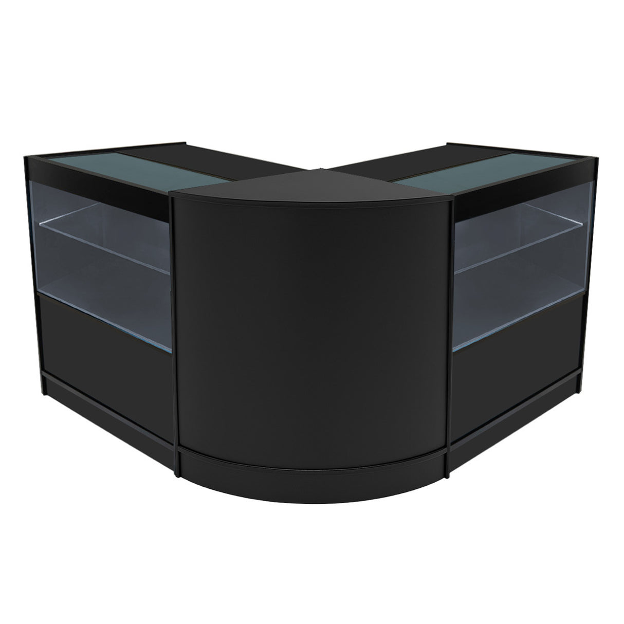 Set banconi angolari Selene in nero con illuminazione LED, design elegante e moderno, superfici lisce e vetrine trasparenti per esposizione
