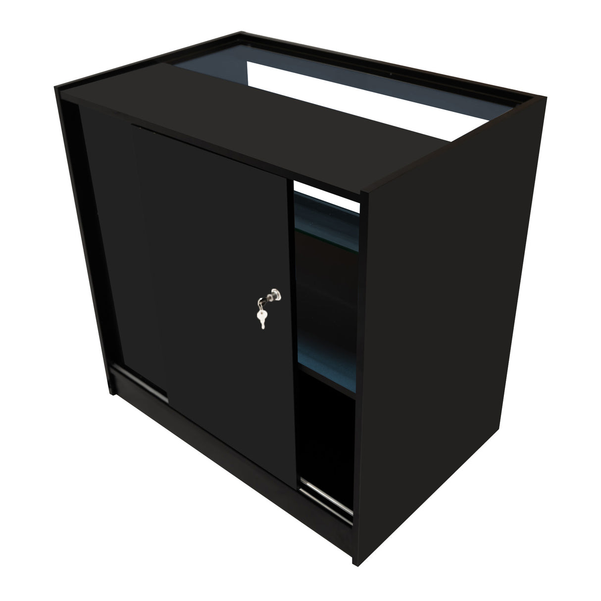 Set banconi Selene in nero con illuminazione LED, design angolare, superficie liscia e ante scorrevoli, elegante e moderno