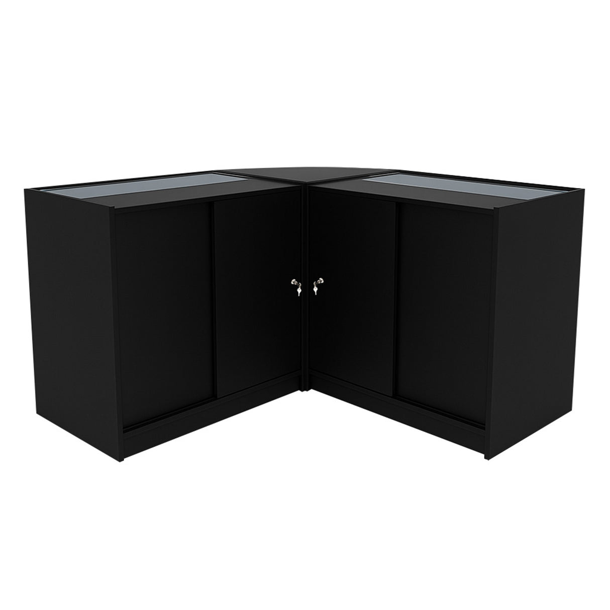 Set banconi angolari Selene in nero, con illuminazione LED, finitura liscia e ante in vetro per un design elegante e moderno