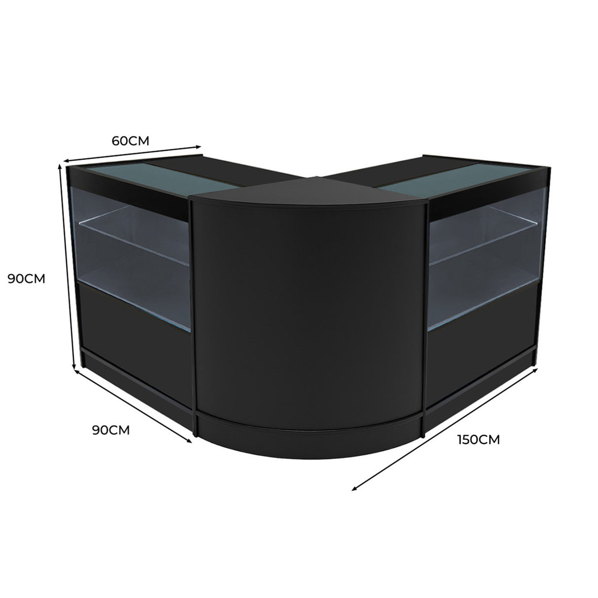 Set banconi Selene angolare in nero con illuminazione LED, superfici lisce e trasparenti, design moderno e funzionale per esposizione