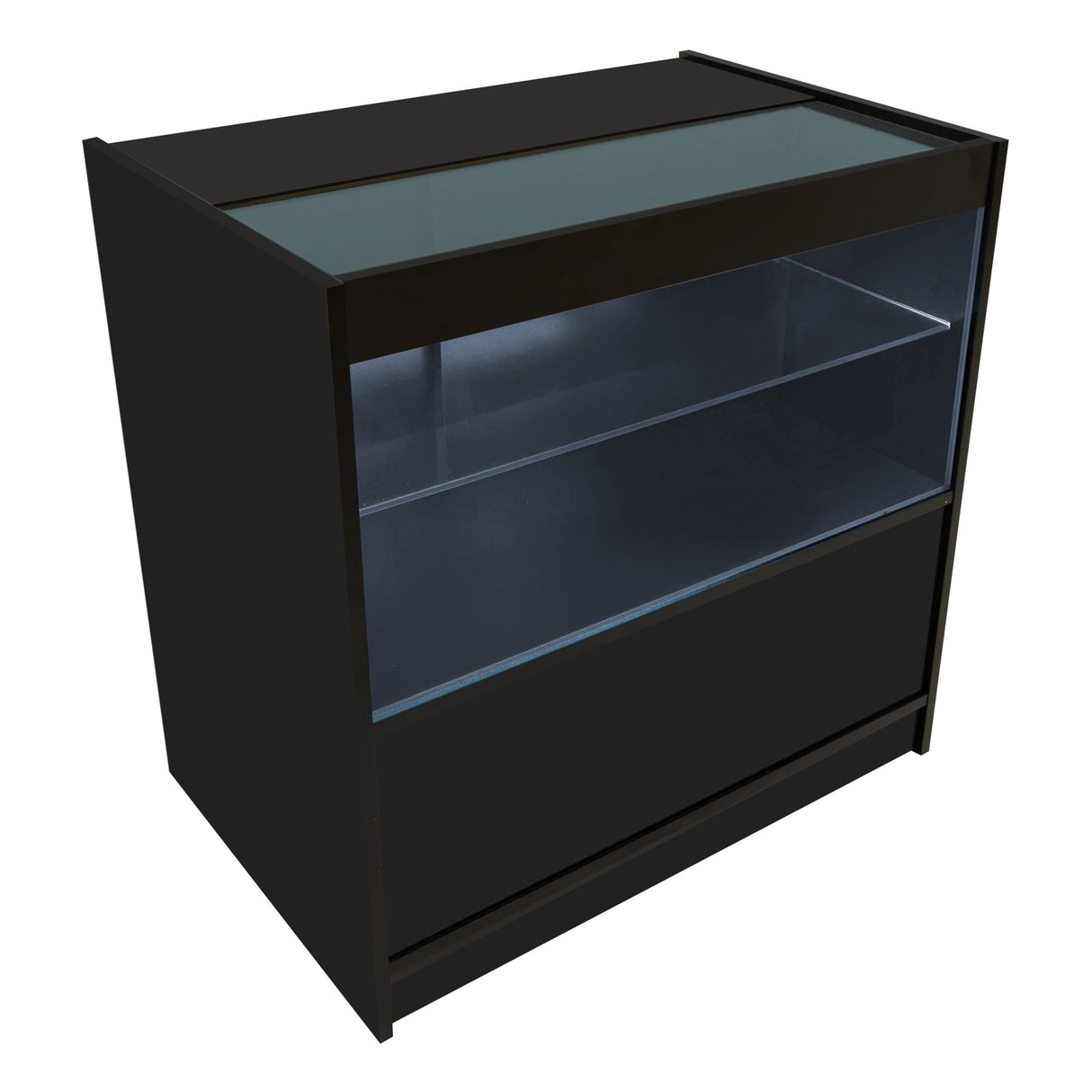 Set banconi Selene in nero con illuminazione LED, design moderno, ante in vetro e ripiani interni, ideale per spazi eleganti