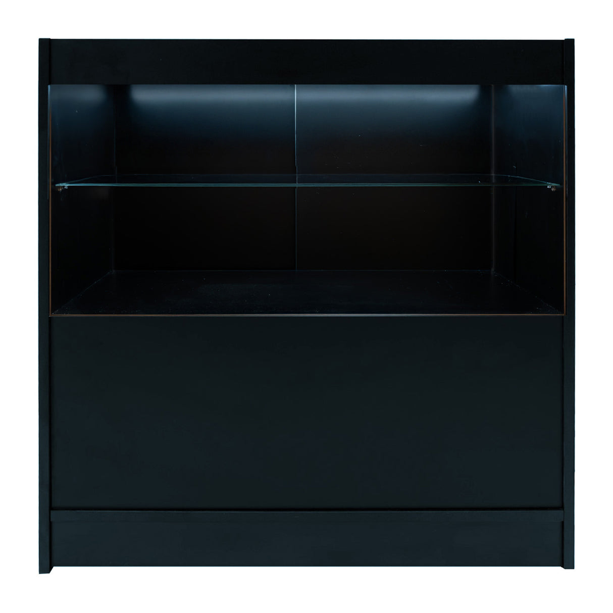 Set banconi Selene in nero con illuminazione LED, design elegante, superficie liscia e ripiano in vetro trasparente per esposizione