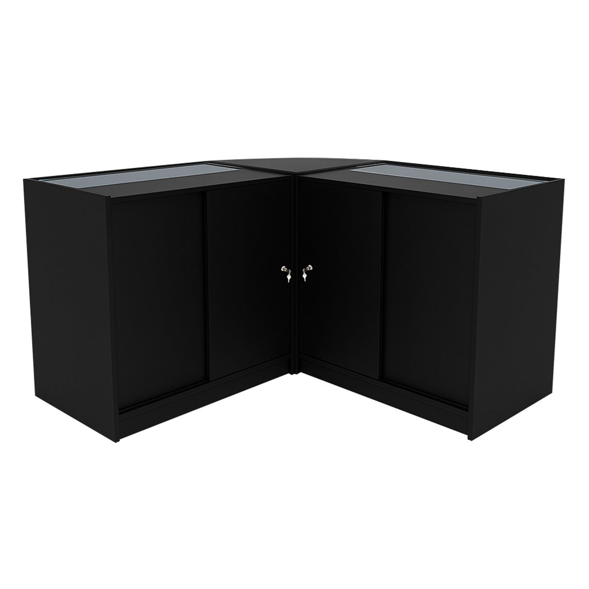 Set banconi angolare Helios in nero con illuminazione LED, dotato di ante in vetro e finitura liscia per un design moderno e elegante