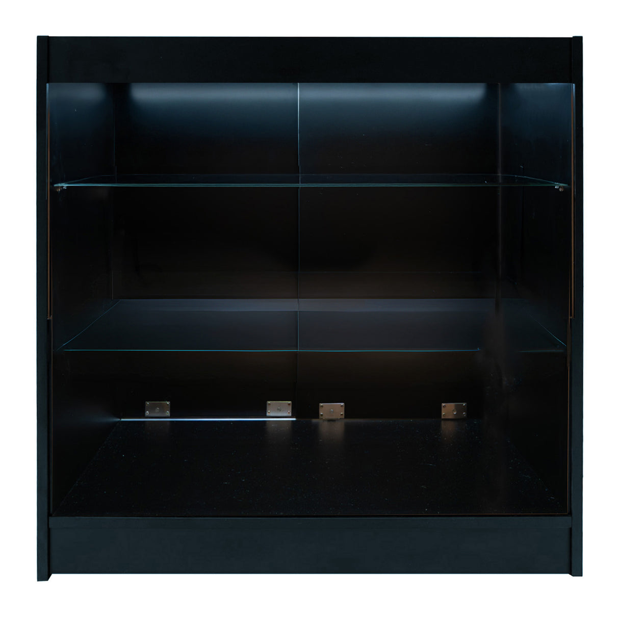 Set banconi Helios in nero con illuminazione LED, ripiani in vetro trasparente, design elegante e moderno per esposizione prodotti