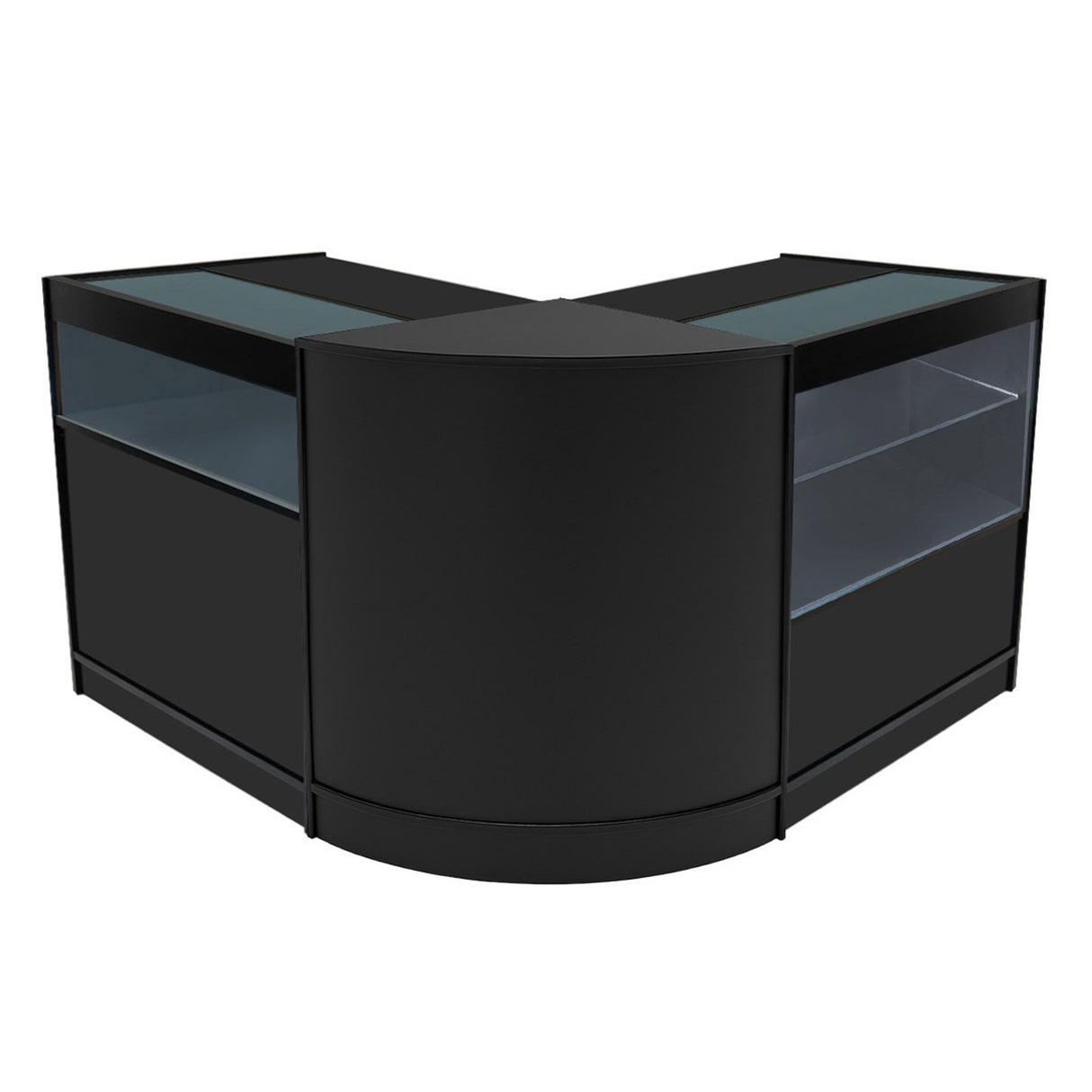 Set di banconi da negozio Adonis in nero, con finiture eleganti, vetro trasparente e design moderno a forma di L per esposizione prodotti