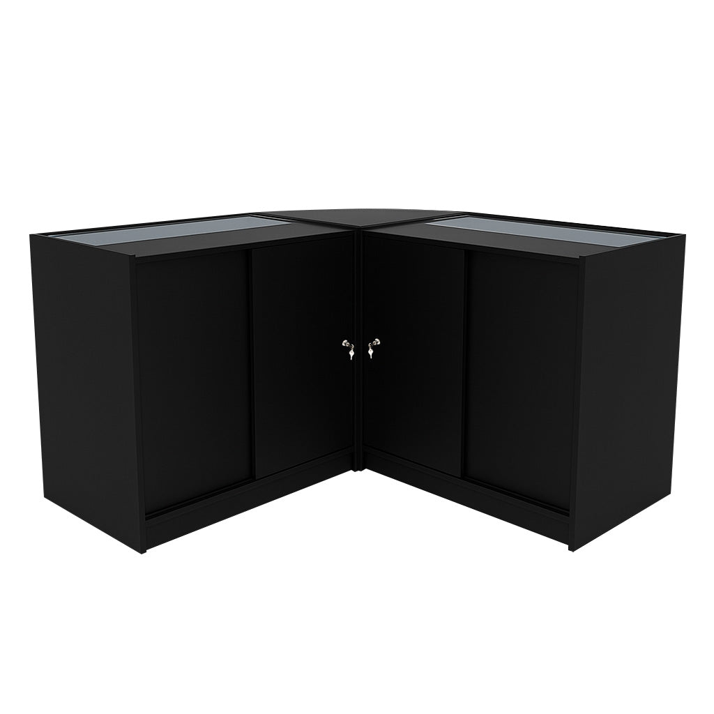 Set banconi da negozio Adonis LED in nero, con ante scorrevoli e superficie in vetro, design elegante e moderno per esposizione prodotti
