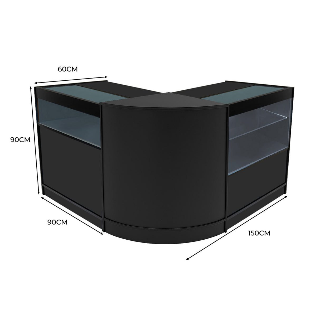 Set di banconi da negozio Adonis in nero, design angolare con ripiani in vetro, misure 150x90x60 cm, elegante e moderno