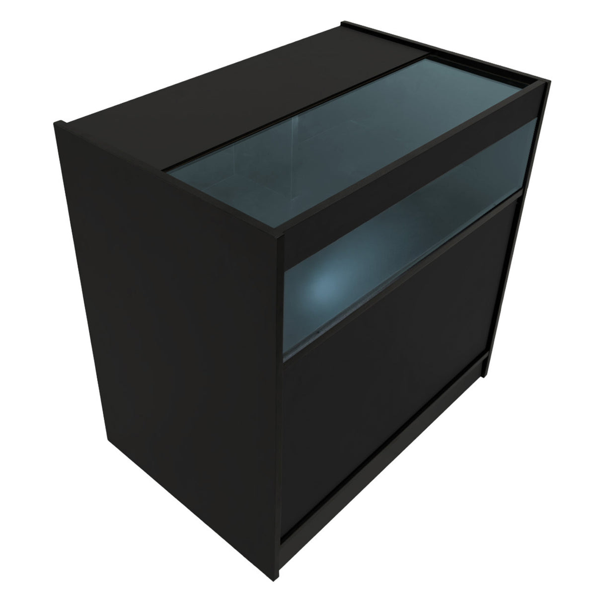 Bancone da negozio Adonis LED in nero, con superficie in vetro trasparente, design moderno e finitura liscia, ideale per esposizione