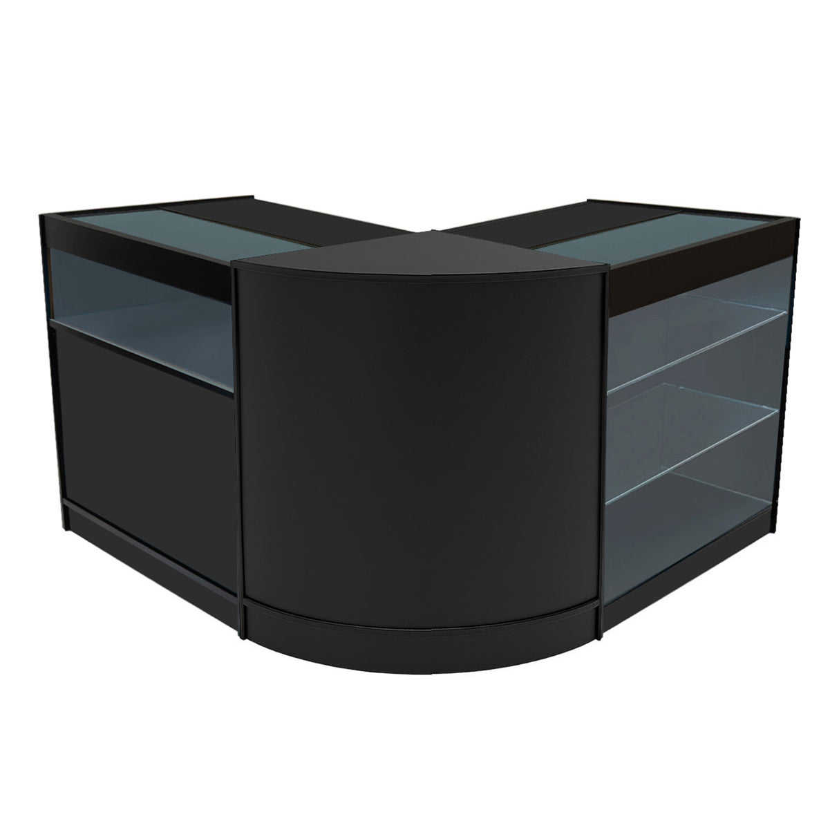 Set banconi negozio Triton K900 B900 e CM60 in nero, con finiture lucide, vetro trasparente e design angolare elegante per esposizione prodotti