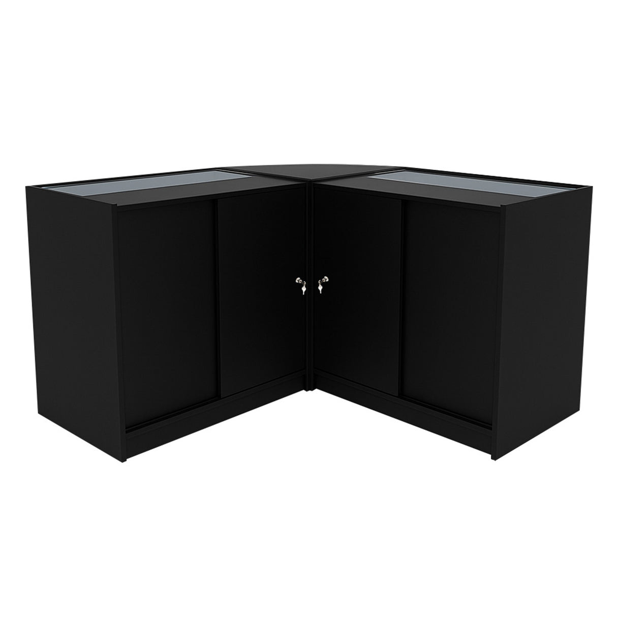 Set banconi negozio Triton K900 e B900, angolare, finitura nera opaca, con ante in vetro e maniglie cromate, design moderno e funzionale