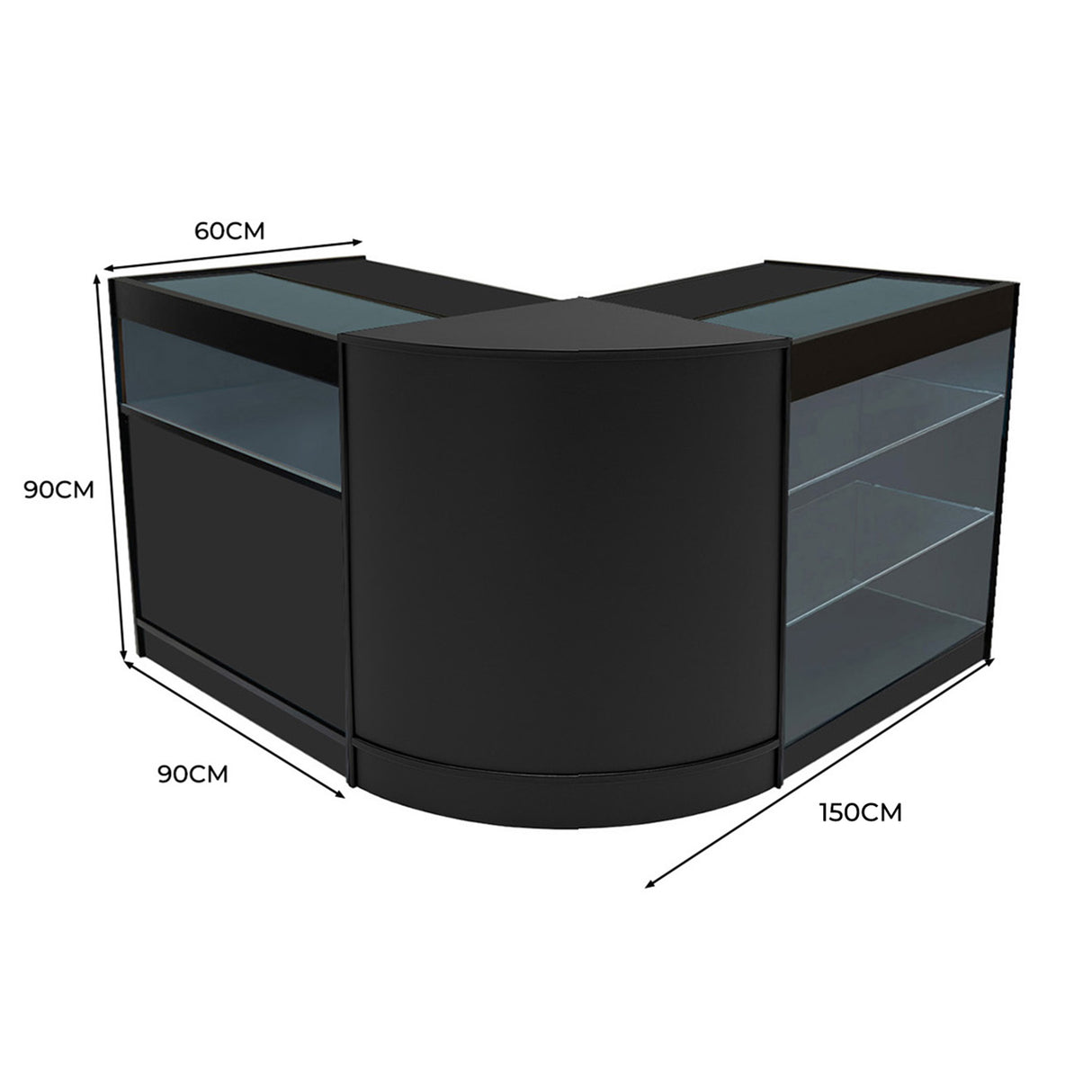 Bancone negozio angolare nero con ripiani in vetro, dimensioni 150x90x60 cm, design moderno e elegante, ideale per esposizione prodotti