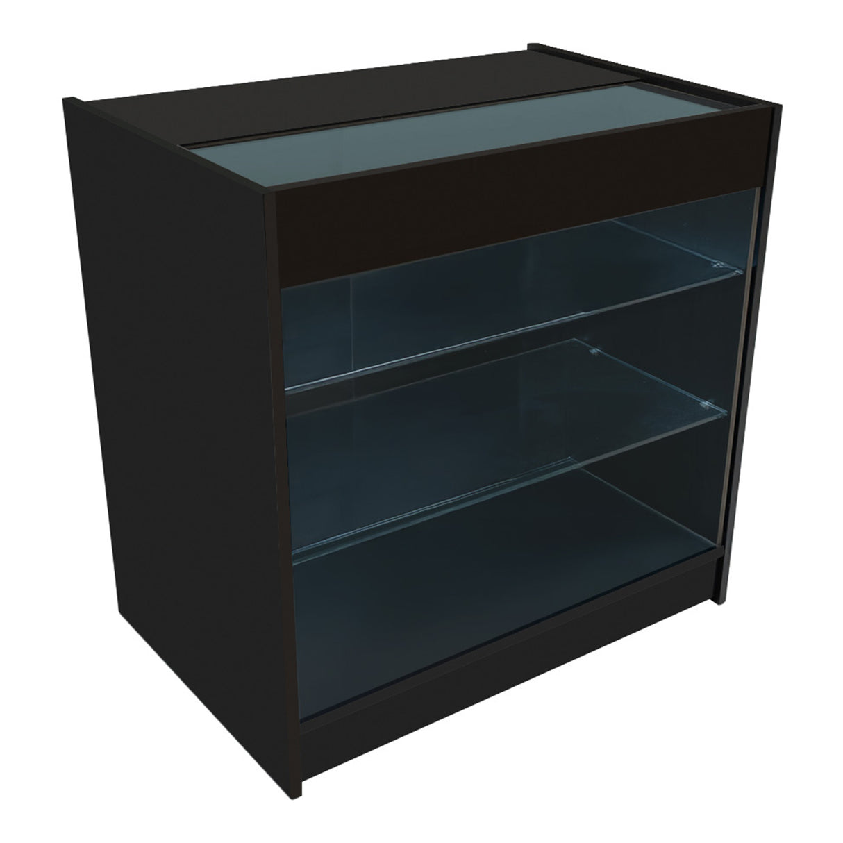 Bancone negozio Triton K900 B900 e CM60, finitura nera elegante, con ripiani in vetro trasparente e design moderno e funzionale