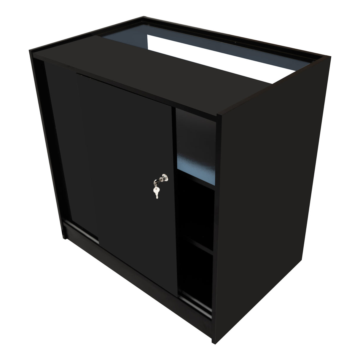 Bancone Theseus LED nero, design elegante con ante scorrevoli, superficie liscia e ripiani interni per un'ottima organizzazione