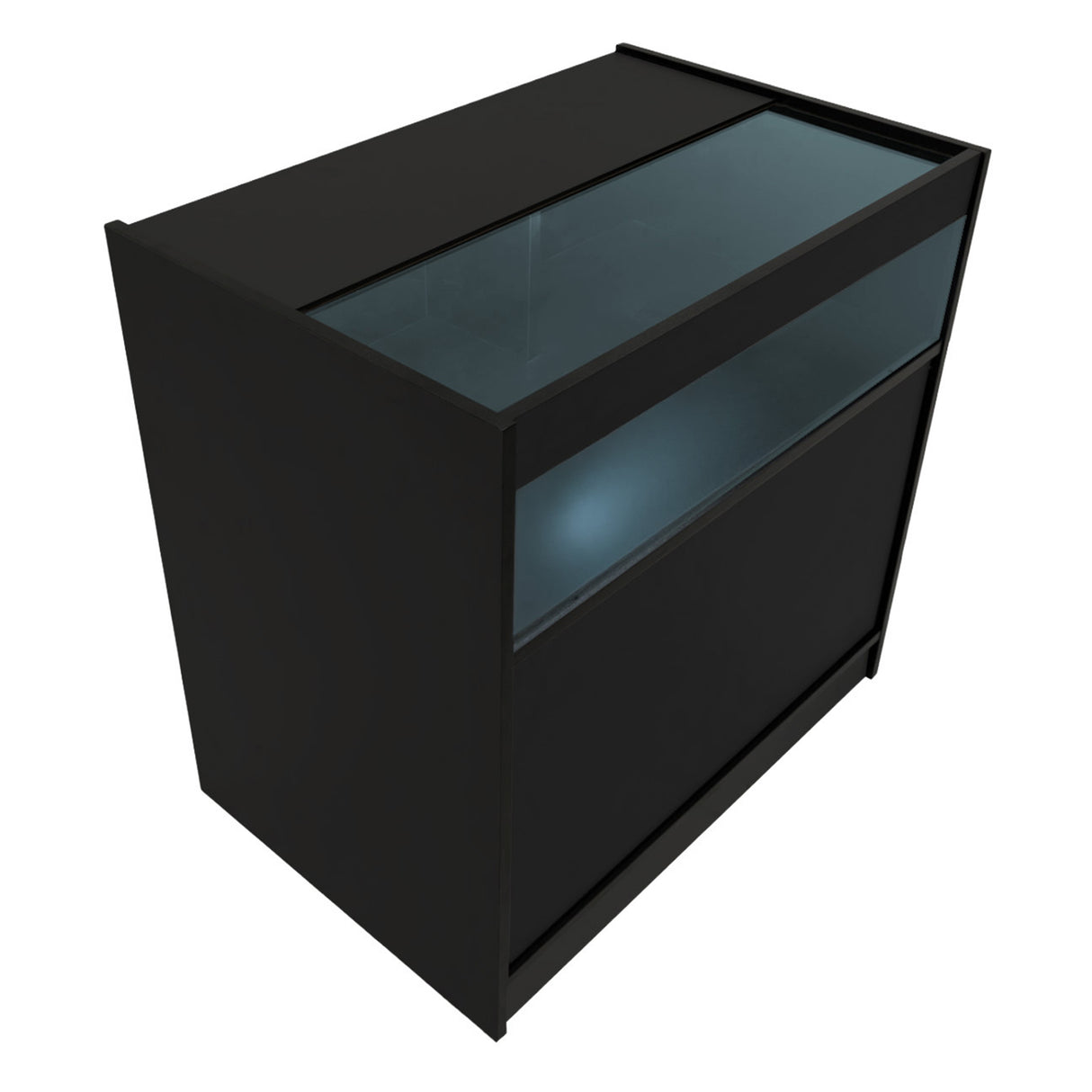 Bancone Theseus LED nero con superficie in vetro trasparente, design moderno e linee pulite, ideale per spazi eleganti