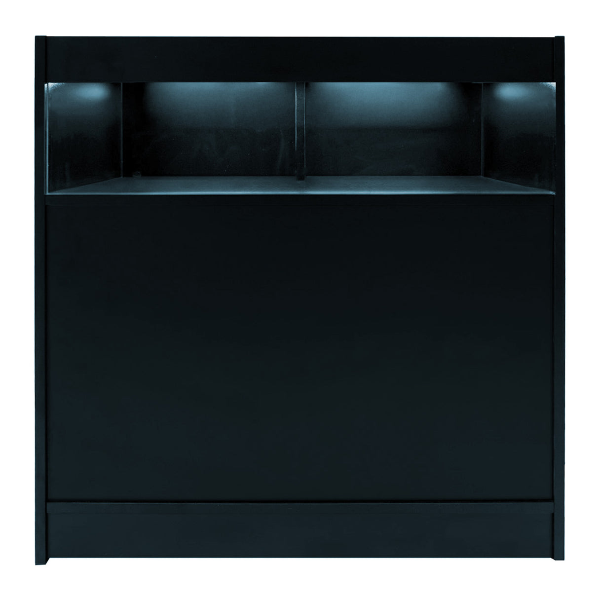 Bancone Theseus LED nero con illuminazione LM60, design moderno e linee pulite, superficie liscia e opaca, ideale per eventi