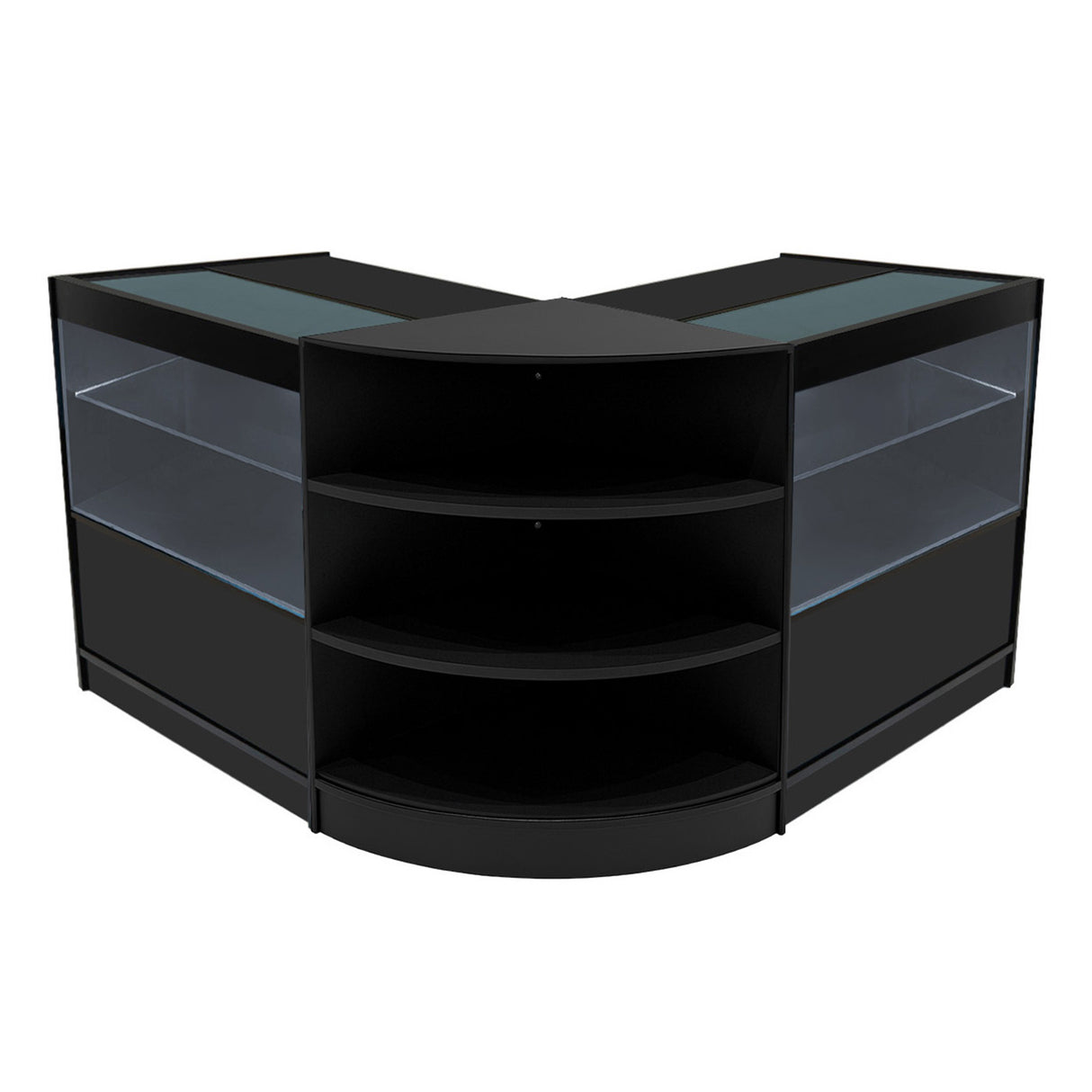 Set banconi da negozio Andromeda in nero, con ripiani trasparenti e illuminazione LED, design elegante e moderno, forma ad angolo