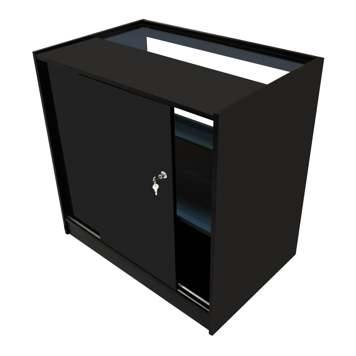 Bancone da negozio Andromeda LED in nero, con ante scorrevoli e ripiani interni, design moderno e finitura lucida, ideale per esposizione