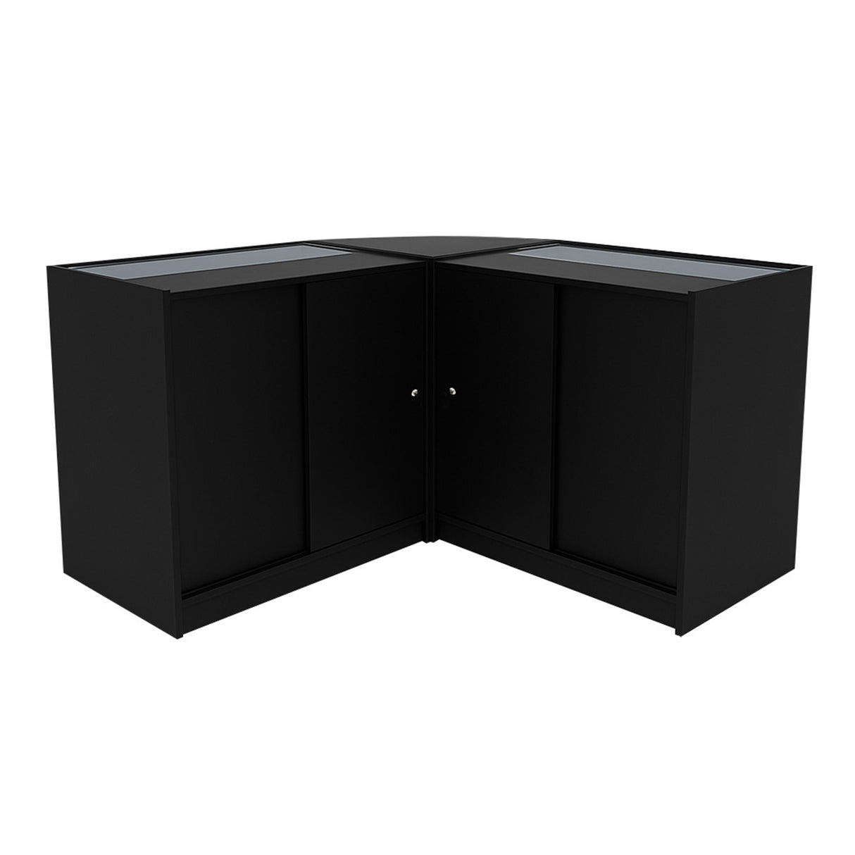 Set banconi da negozio Andromeda in nero, con finiture lucide, angolari e ripiani in vetro per esposizione elegante e moderna