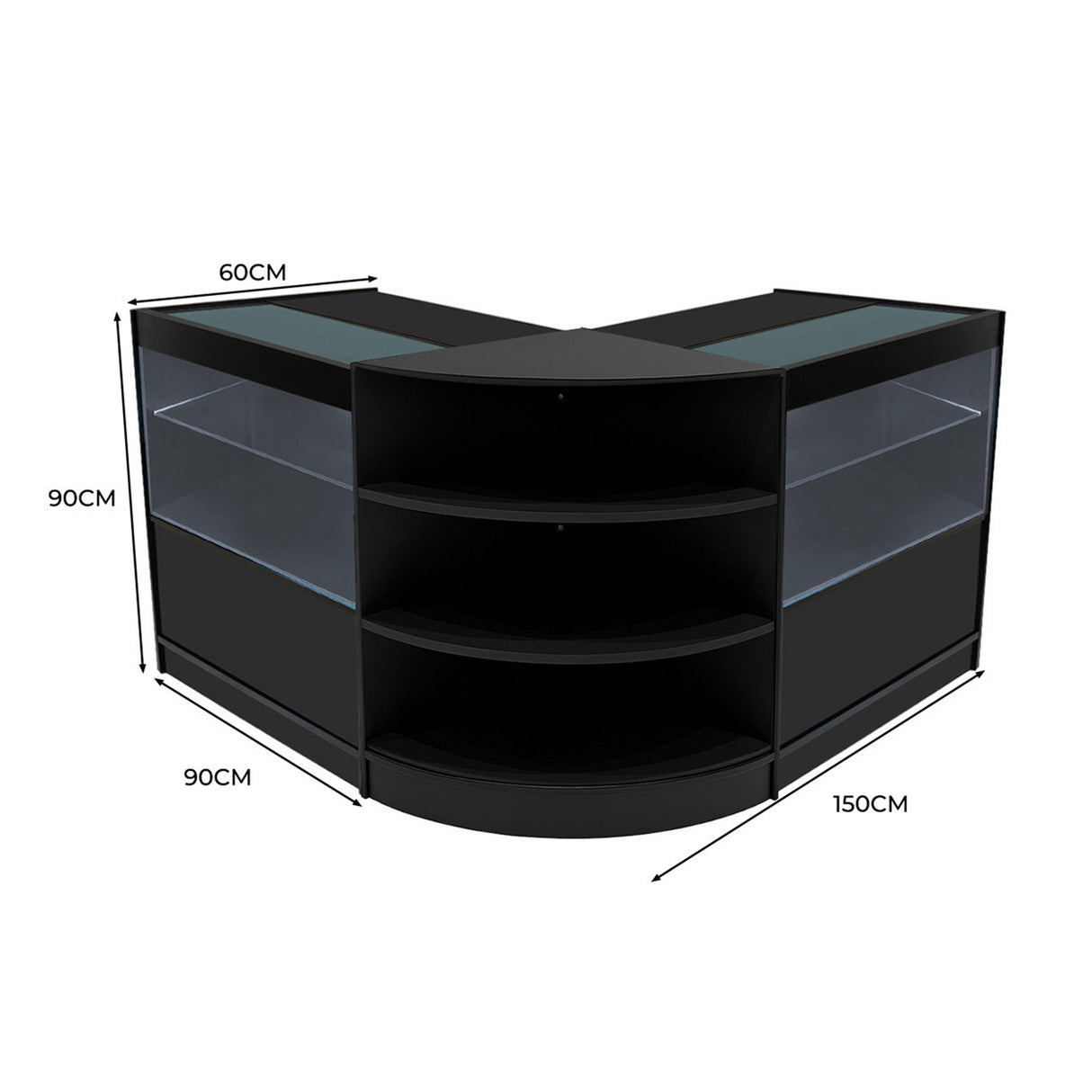 Banconi da negozio Andromeda LED in nero, design angolare, con ripiani trasparenti e illuminazione LED, misure 150x90x60 cm