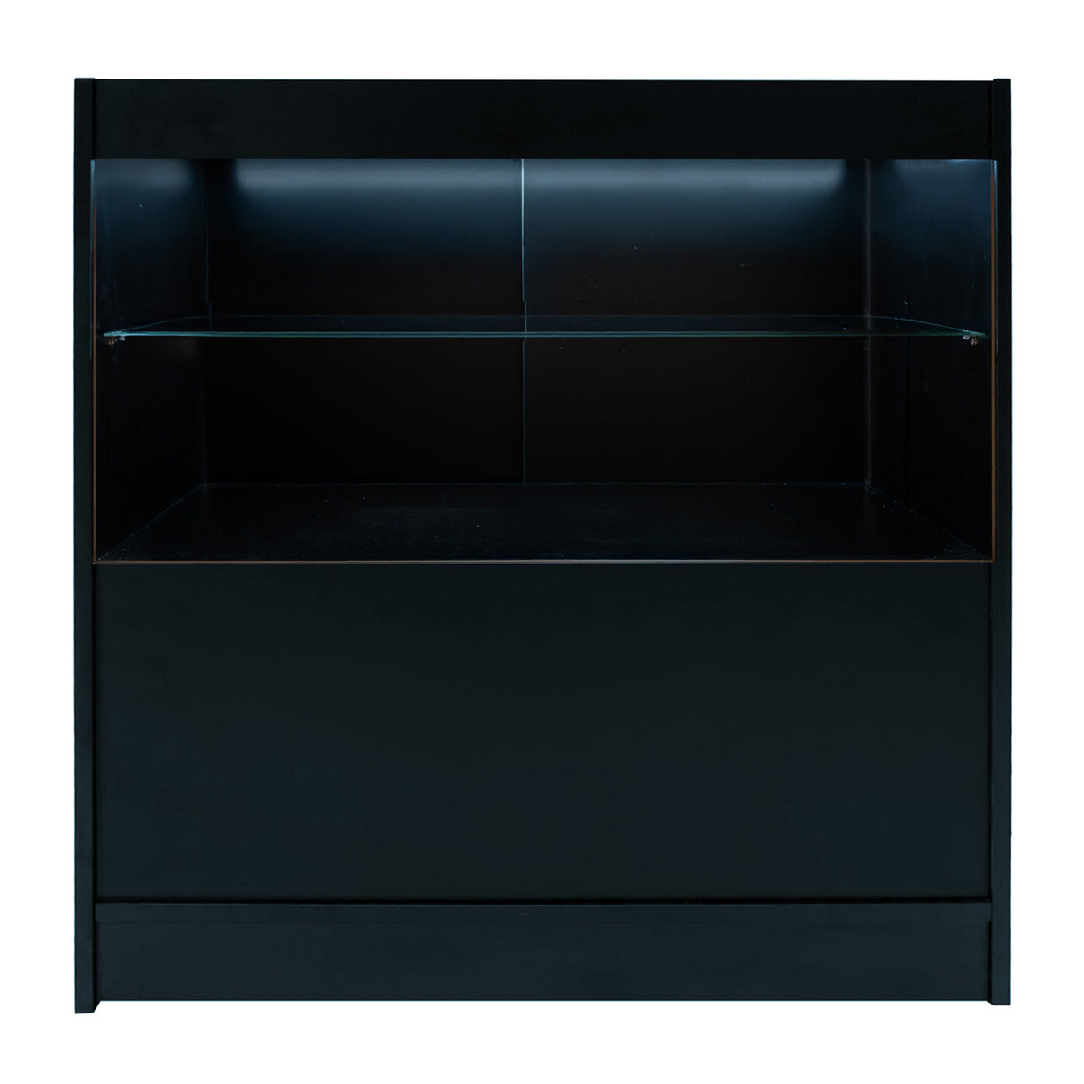 Bancone da negozio Andromeda LED in nero, con ripiano in vetro e illuminazione interna, design elegante e moderno per esposizione prodotti