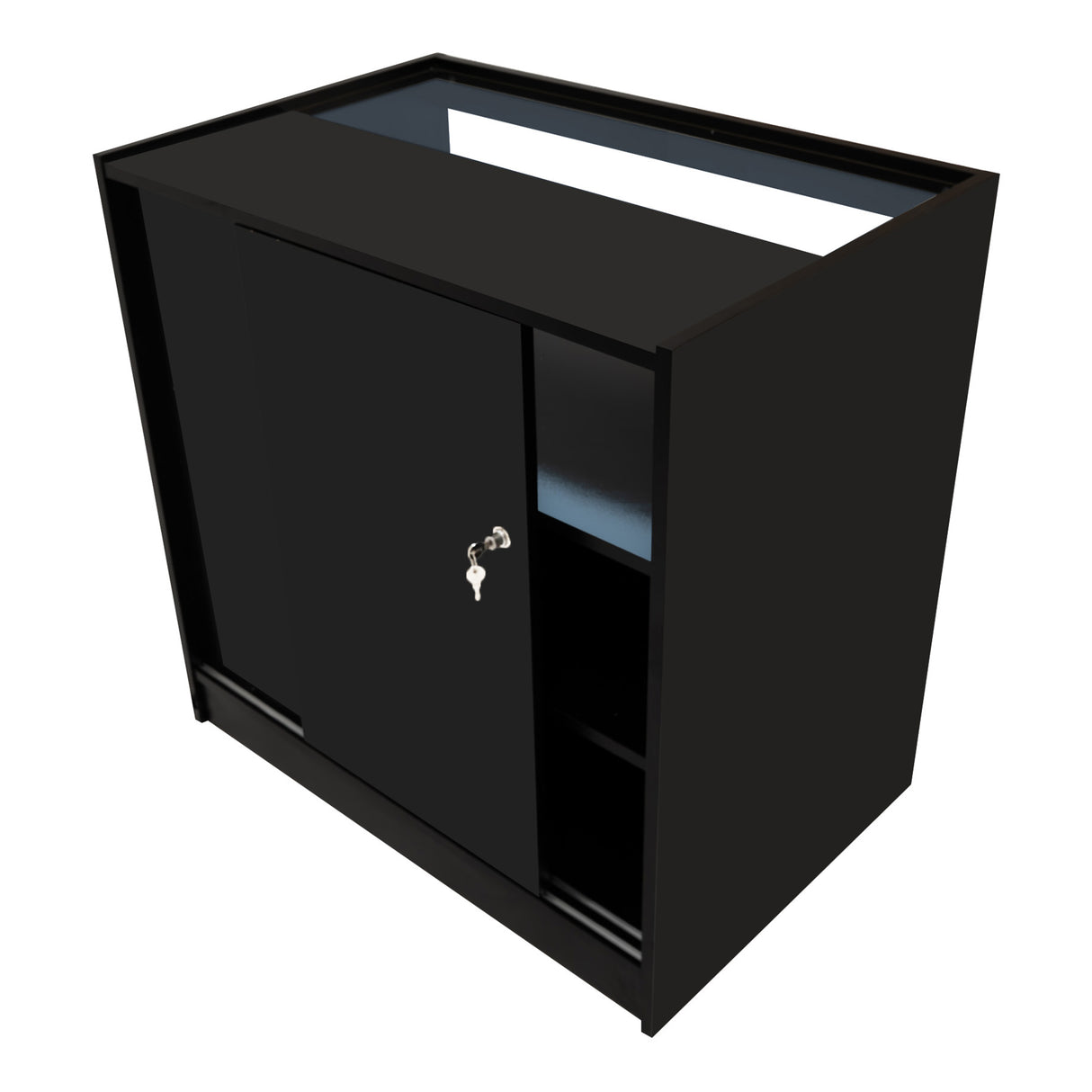 Set banconi LED Harmonia B900, C900 e LM60 in nero, con finitura lucida, ante scorrevoli e ripiani interni per un design elegante e funzionale
