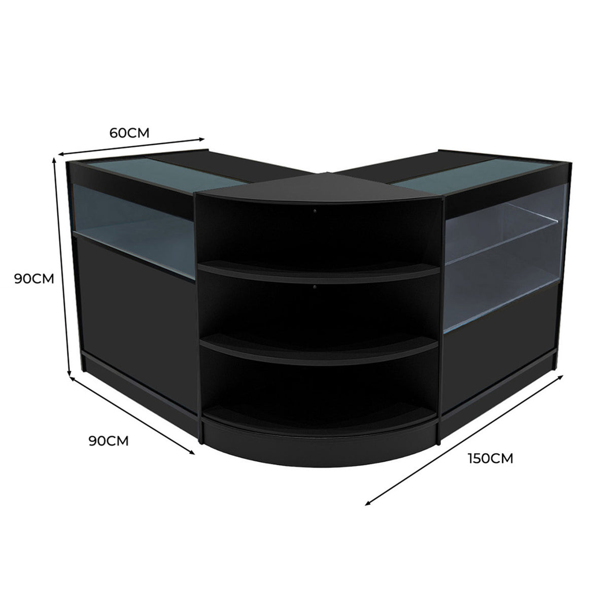Set banconi LED Harmonia in nero, design angolare con ripiani in vetro, dimensioni 150x90x60 cm, elegante e moderno