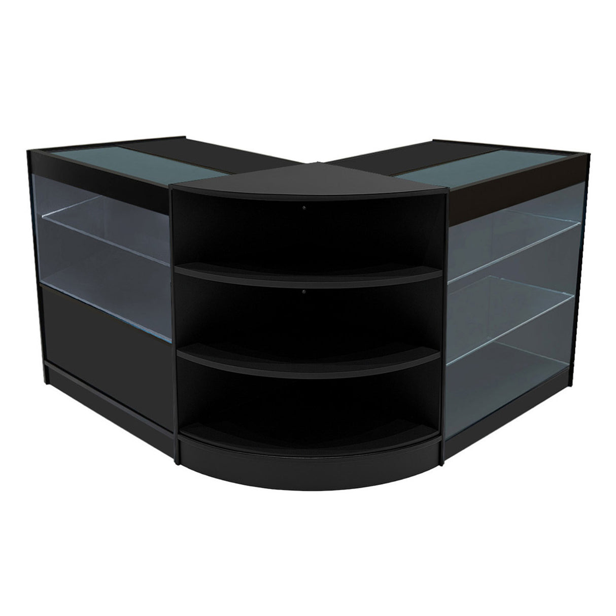 Set banconi negozio Calliope in nero, con ripiani in vetro e struttura angolare, ideale per esposizione e vendita di prodotti